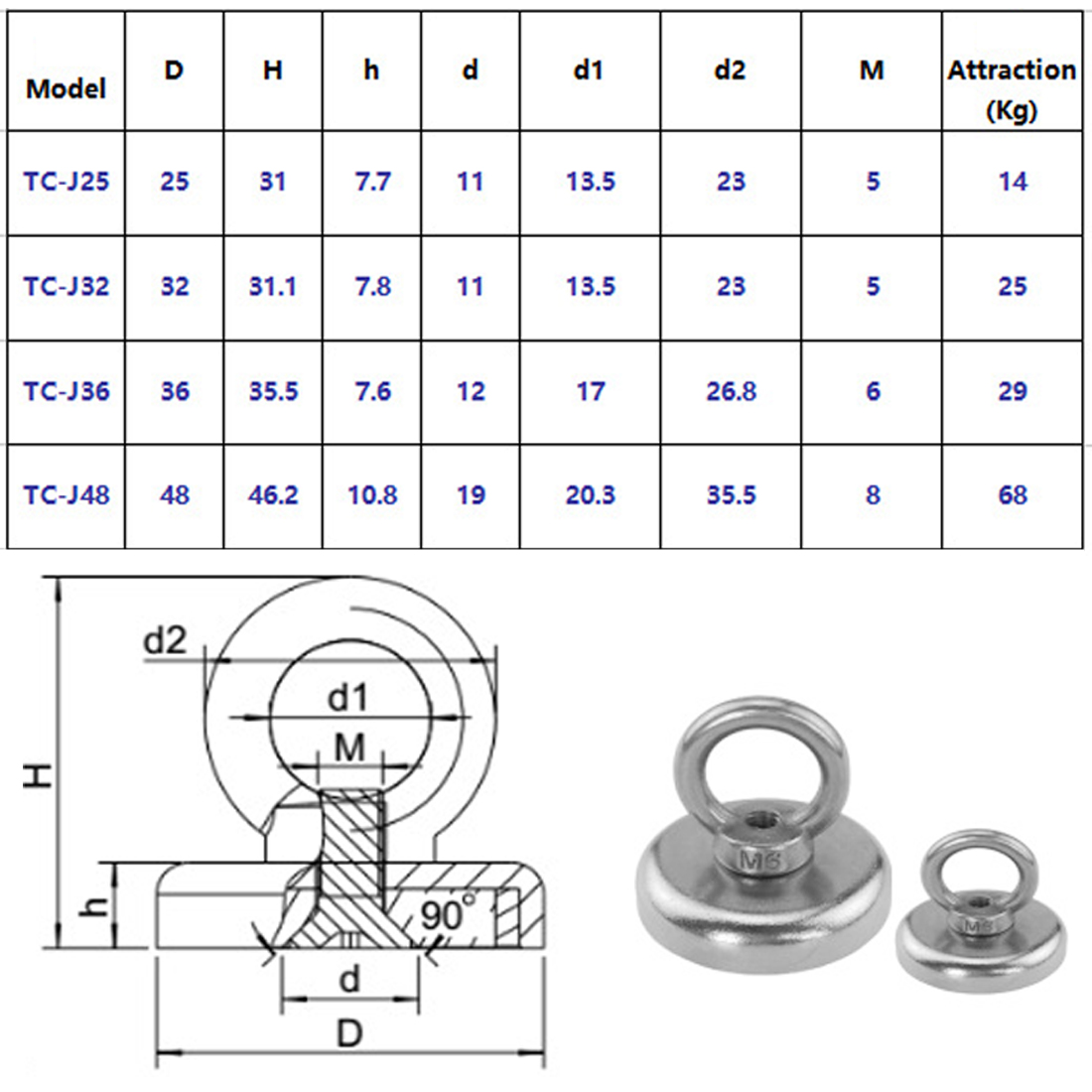 4 Sizes Strong Powerful Round Neodymium Magnet hook salvage magnet sea Fishing equipment Holder Pulling Mounting Pot with ring