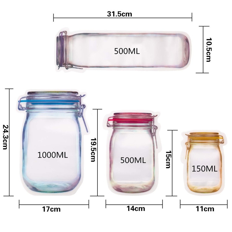 Reusable Mason Jar Zipper Bags Grocery Bag Candy Jar Food Storage Bags Portable Nuts Cookies Bag Kitchen Food Snacks Sealed