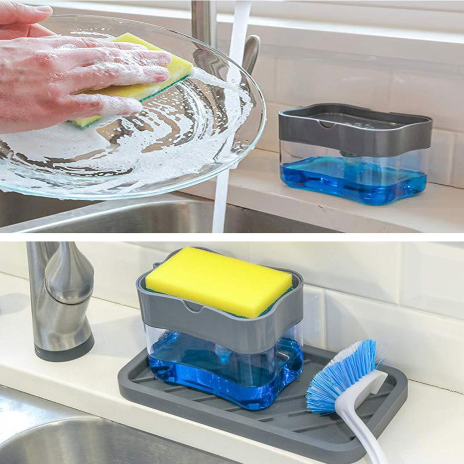 Soap Pump Dispenser with Sponge Holder Cleaning Liquid Dispenser Container Manual Press Soap Organizer Kitchen Cleaner Tool