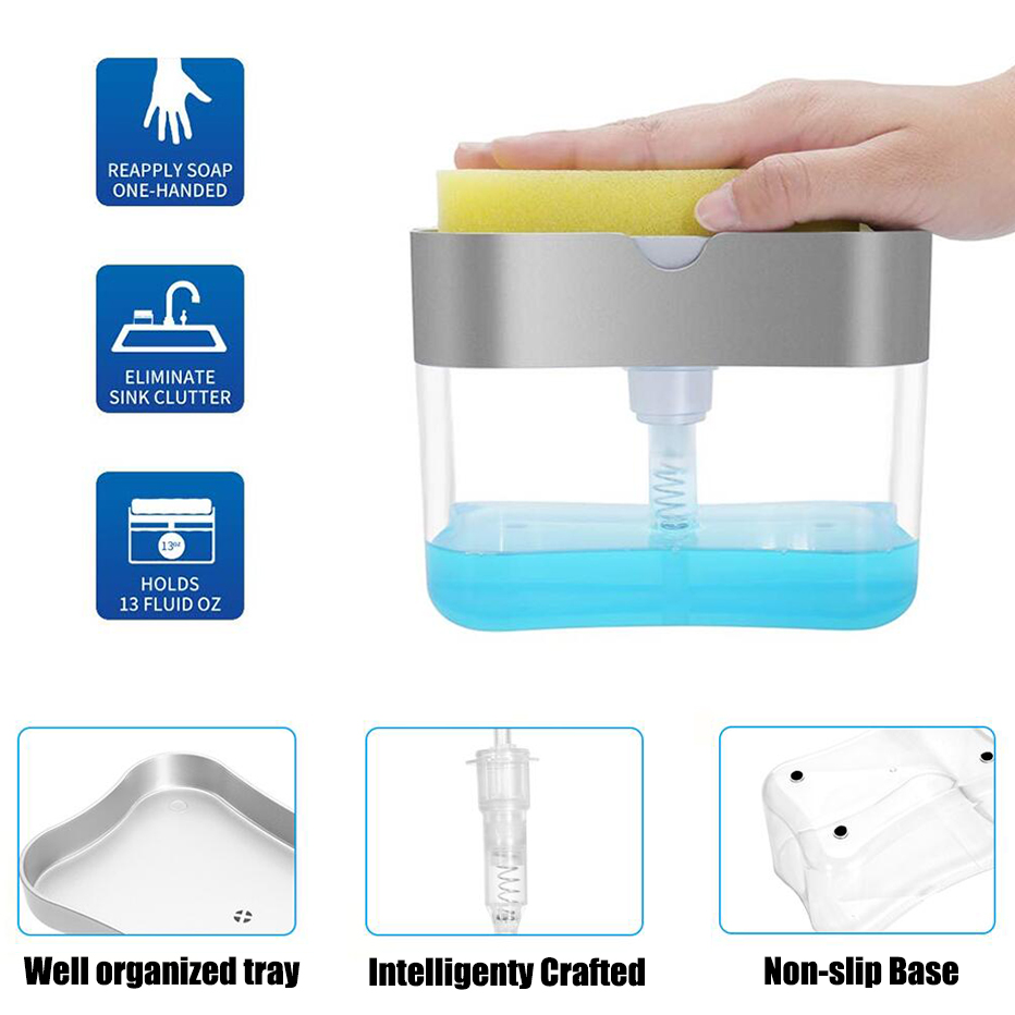 Soap Pump Dispenser with Sponge Holder Cleaning Liquid Dispenser Container Manual Press Soap Organizer Kitchen Cleaner Tool