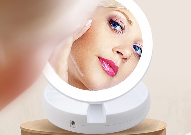 Two-sided LED Makeup Mirror Foldable with Ring Light HD Vanity Mirrors Desk Table Mirror USB Charge Magnifying 1:1 and 1:10