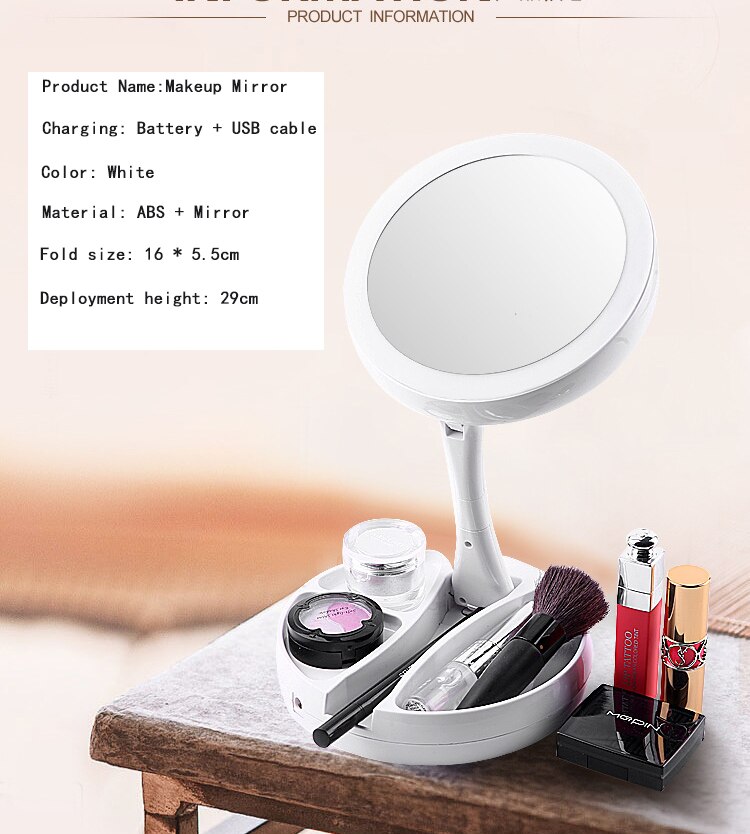 Two-sided LED Makeup Mirror Foldable with Ring Light HD Vanity Mirrors Desk Table Mirror USB Charge Magnifying 1:1 and 1:10