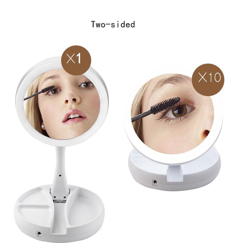 Two-sided LED Makeup Mirror Foldable with Ring Light HD Vanity Mirrors Desk Table Mirror USB Charge Magnifying 1:1 and 1:10