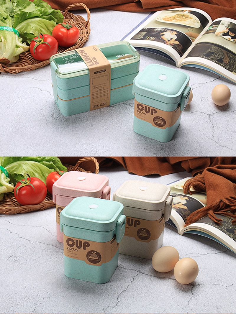 900ml Healthy Material Lunch Box 3 Layer Wheat Straw Bento Boxes Microwave Dinnerware Food Storage Container Lunchbox