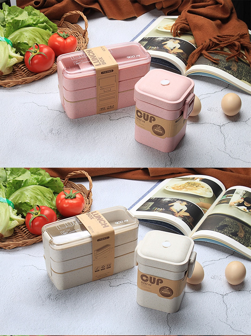 900ml Healthy Material Lunch Box 3 Layer Wheat Straw Bento Boxes Microwave Dinnerware Food Storage Container Lunchbox