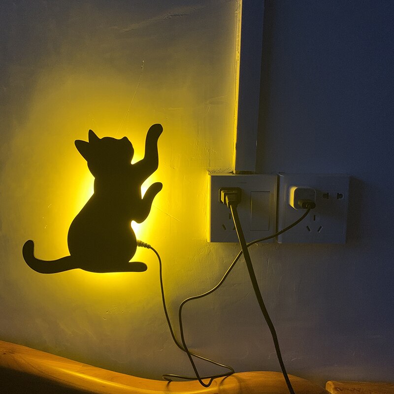 Lanpulux USB Black Cat Wall Lamp Kids Motion Control Sleep Night Light Bedroom Decoration Cartoon Unicorn Dinosaur Dog Boy LED