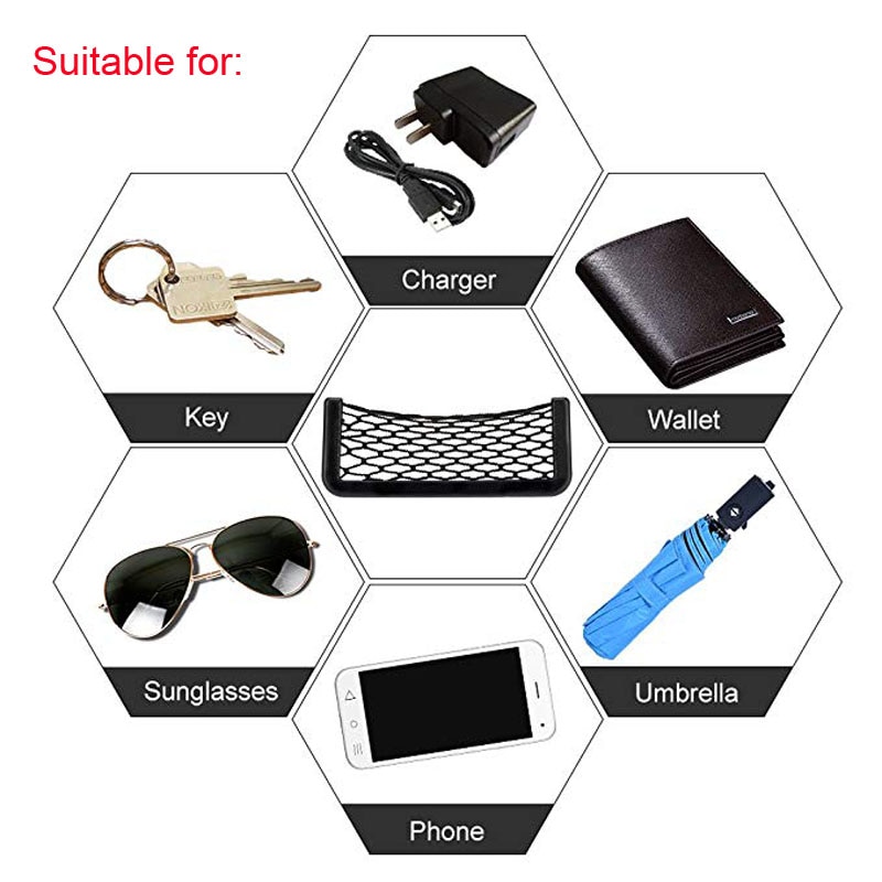 Universal Black Car Net Bag Phone Holder Storage Pocket Organizer Car Mesh Net Holder Pocket for wallet, keys, pens, and MORE