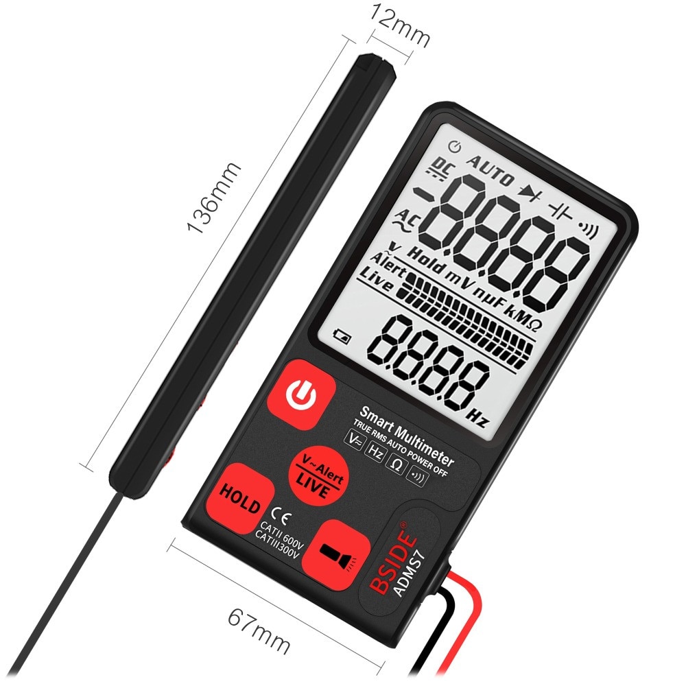 BSIDE ADMS7 Voltage Tester 3.5'' Large LCD Digital Smart Multimeter 3-Line Display TRMS 6000 Counts DMM with Analog Bargraph