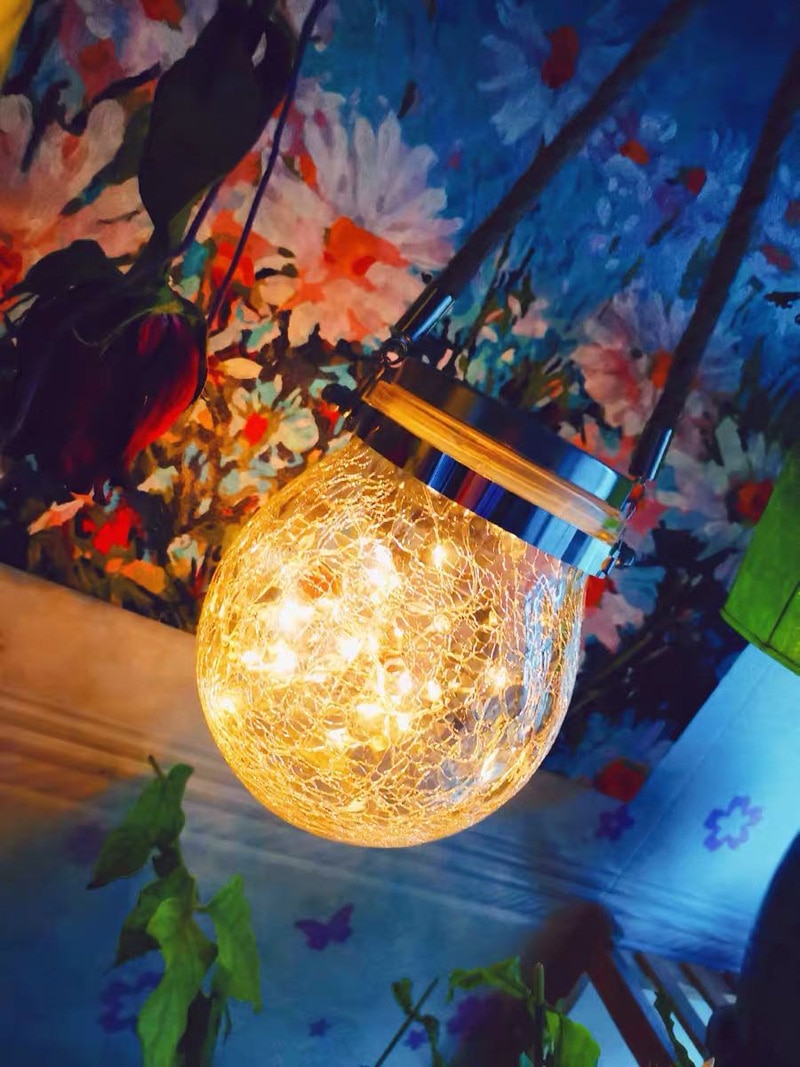 Outdoor led Solar Garden Decor Hanging Lamp Crack Glass Jar Light Waterproof Christmas Wish Lights