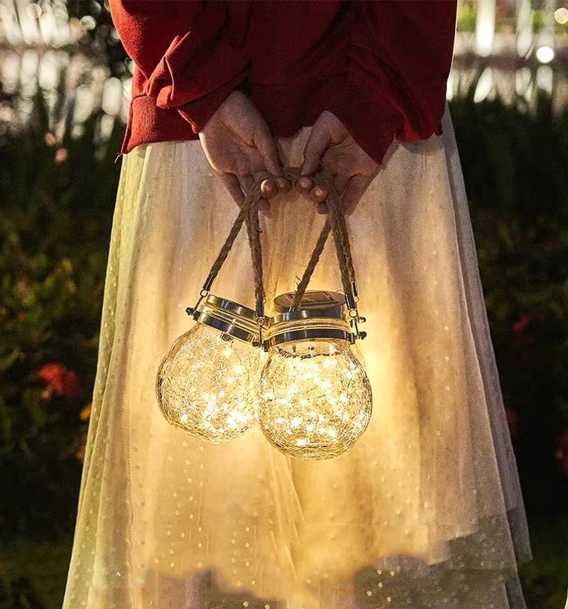 Outdoor led Solar Garden Decor Hanging Lamp Crack Glass Jar Light Waterproof Christmas Wish Lights