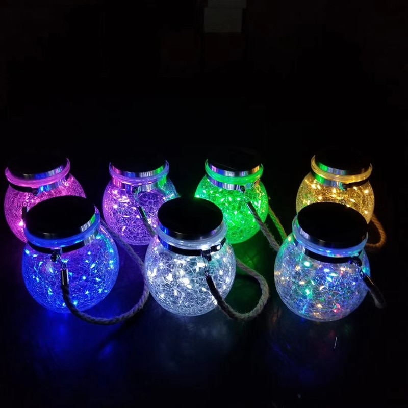 Outdoor led Solar Garden Decor Hanging Lamp Crack Glass Jar Light Waterproof Christmas Wish Lights