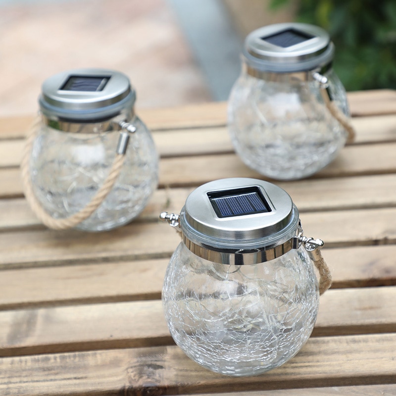 Outdoor led Solar Garden Decor Hanging Lamp Crack Glass Jar Light Waterproof Christmas Wish Lights