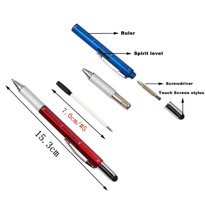 7PCS/Set Multifunctional Ballpoint Pen Overvalue Handy Tech Tool Ballpoint Pens Screwdriver Ruler Spirit Level Multifunction