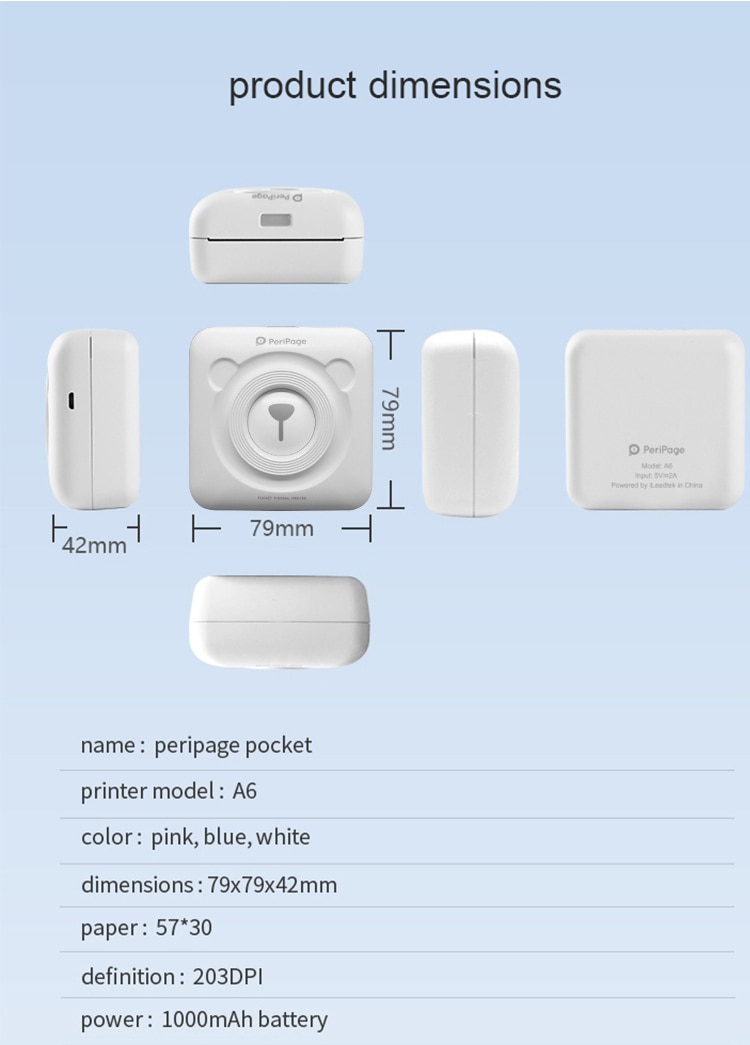 PeriPage Mini Portable Thermal Printer Photo Pocket Photo Printer 58 mm Printing Wireless Bluetooth Android IOS Printers