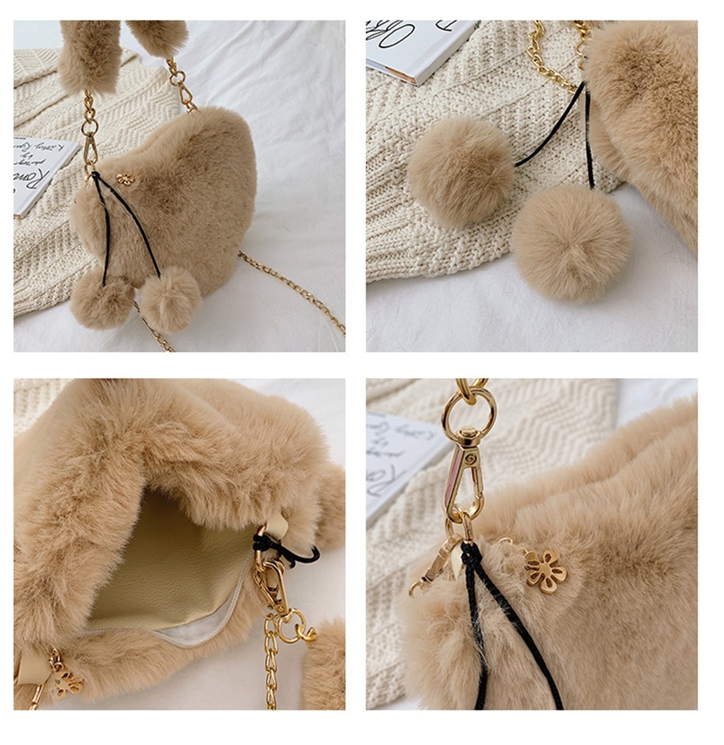 MAIOUMY Fashion Women Handbags New Cute Fluffy Fur Crossbody Bags Female Heart Shaped Ladies Phone Shoulder Bag Purse Handbag