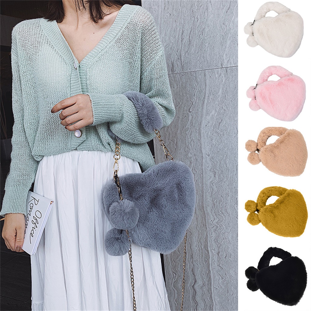 MAIOUMY Fashion Women Handbags New Cute Fluffy Fur Crossbody Bags Female Heart Shaped Ladies Phone Shoulder Bag Purse Handbag