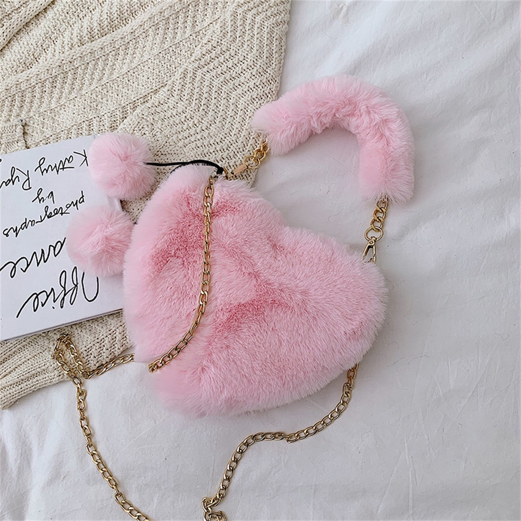 MAIOUMY Fashion Women Handbags New Cute Fluffy Fur Crossbody Bags Female Heart Shaped Ladies Phone Shoulder Bag Purse Handbag