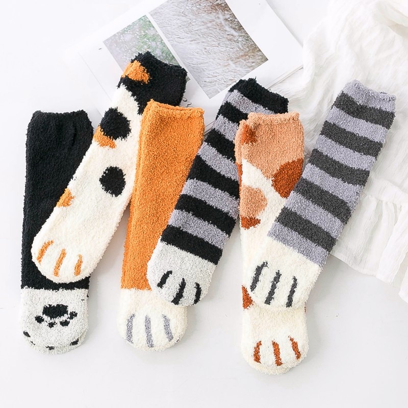 Cute Fleece Cat Claws Thick Warm Sleeping Floor Socks