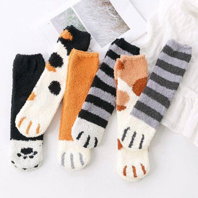 Cute Fleece Cat Claws Thick Warm Sleeping Floor Socks (2 Pairs) - Funiyou